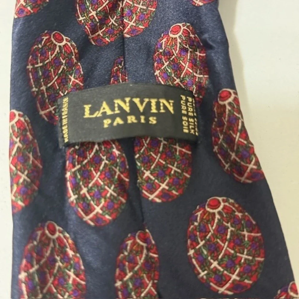 Lanvin Paris Mens Silk Tie Navy Blue Faberge Egg Pattern Made in France Luxury